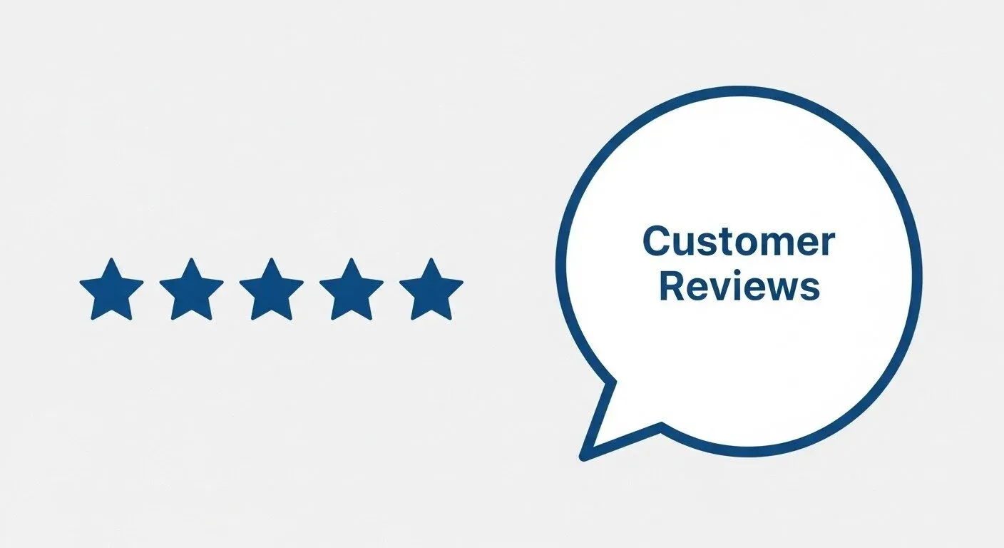 â a clean vector graphic of a 5-star rating icon alongside a speech bubble, representing customer reviews and social proof.