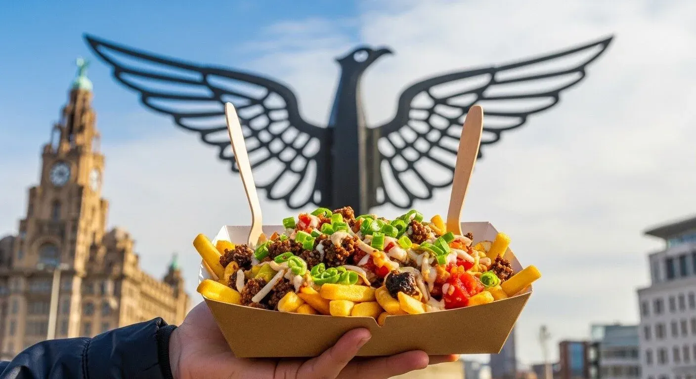 a vibrant photo of someone holding up a takeaway box of delicious-looking loaded fries. the background is unmistakably liverpool,perhaps the iconic "for all liverpool's liver birds" street art (the wings) is perfectly framing the food. the photo connects a great product with a beloved local landmark, making it instantly relatable and shareable for a scouse audience.