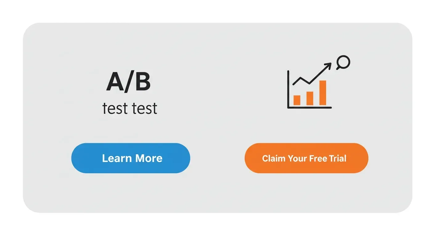 a flat design vector illustration depicting an a/b test for a call to action. on the left, a blue button says "learn more." on the right, a contrasting orange button says "claim your free trial." a small, simple graph icon above the orange button shows a rising trend, indicating better performance. the entire image is on a clean, light grey background with plenty of whitespace. --ar 3:2