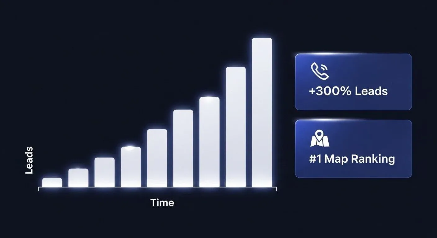 a data visualization dashboard in a modern, dark mode ui style. the main element is a large, glowing white bar chart showing dramatic upward growth, with axes labelled "time" and "leads". beside the chart, there are two smaller ui cards: one with a phone icon and the text "+300% leads", and another with a map pin icon and the text "#1 map ranking". the aesthetic is professional, data-driven, and celebratory, using a strict dark blue and white colour scheme inspired by tailwind css.