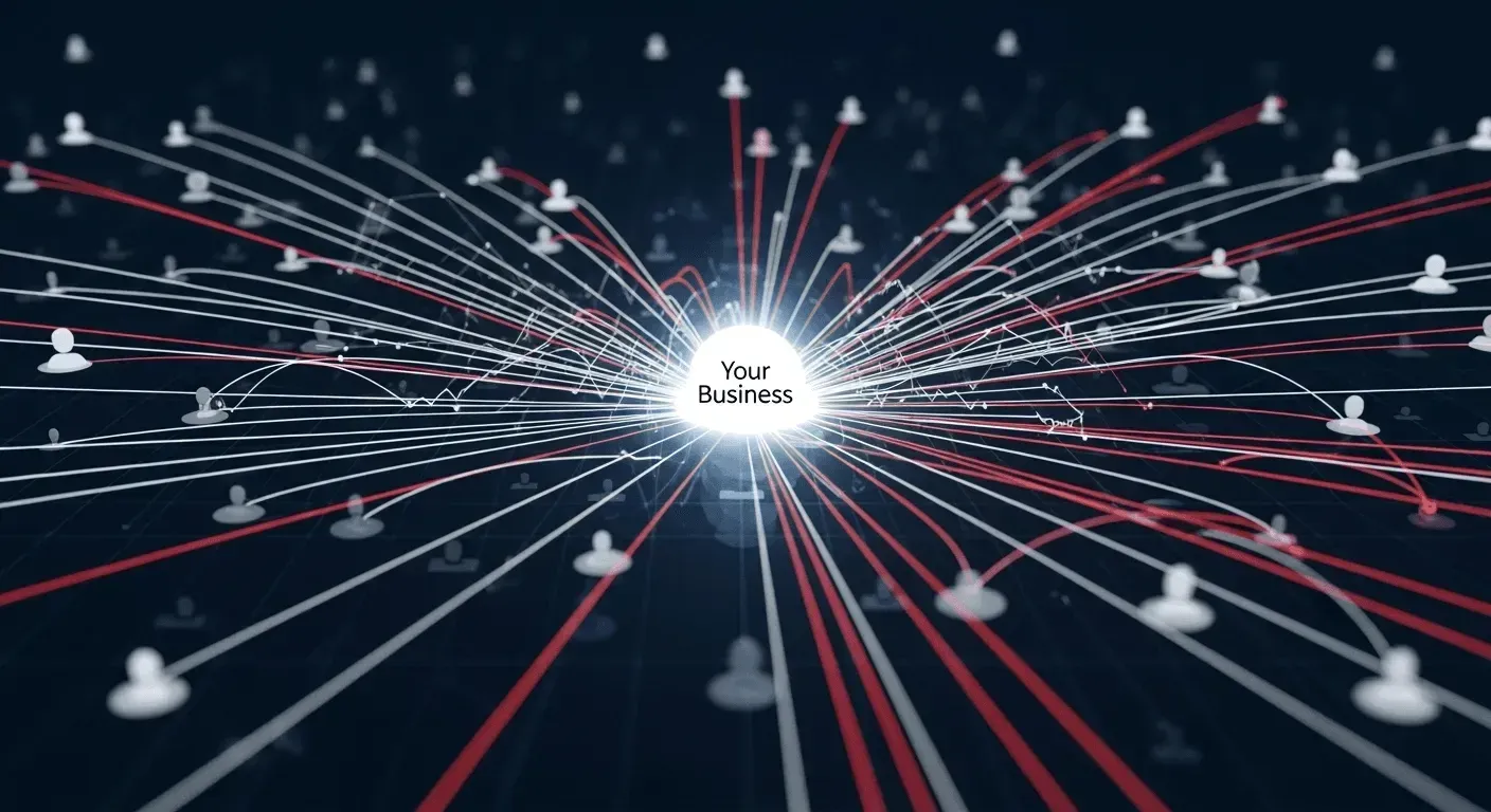 an abstract data visualization representing social media engagement. in the center, a single, glowing white node labeled "your business" pulses gently. from this central point, hundreds of thin, energetic lines,some vibrant red, some crisp white,radiate outwards, connecting to a vast, surrounding constellation of smaller, dimmer user icons. some of the lines are pulsing back towards the center, symbolizing likes, comments, and shares. the entire network is set against a dark navy blue digital space with a subtle grid pattern, conveying a sense of community, reach, and real-time conversation.