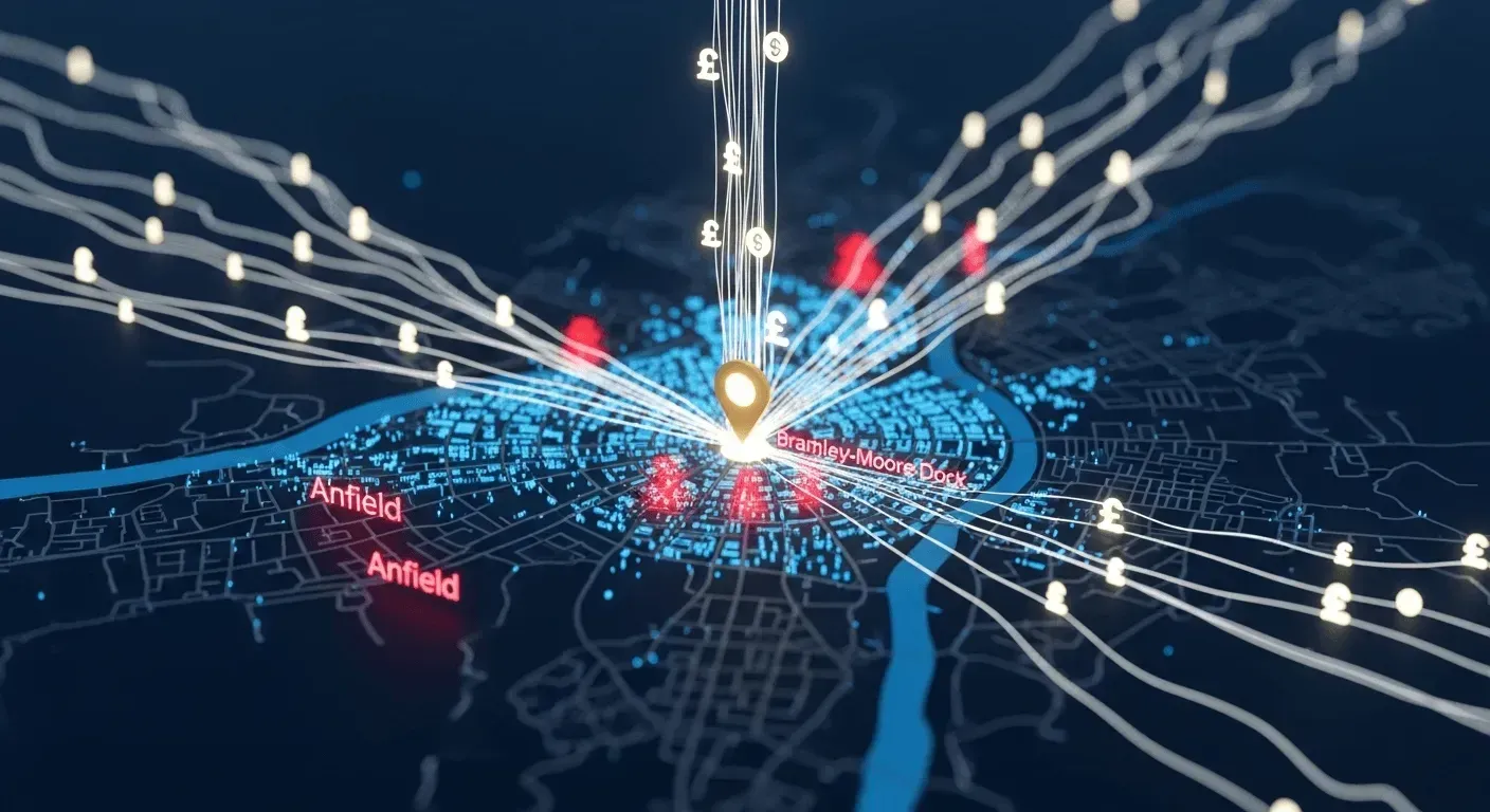 a conceptual data visualization, rendered in a sophisticated 3d style. a dark, stylized, holographic map of liverpool is the centerpiece, set against a deep navy blue background. glowing, vibrant red nodes of energy pulse over key locations like anfield, bramley-moore dock, and aintree. from these nodes, intricate streams of glowing white data and digital currency symbols (â£) flow like rivers through the city grid, all converging on a single, brightly illuminated pin representing a local business. the image is cinematic, with a shallow depth of field, and conveys a sense of immense digital opportunity and financial flow.