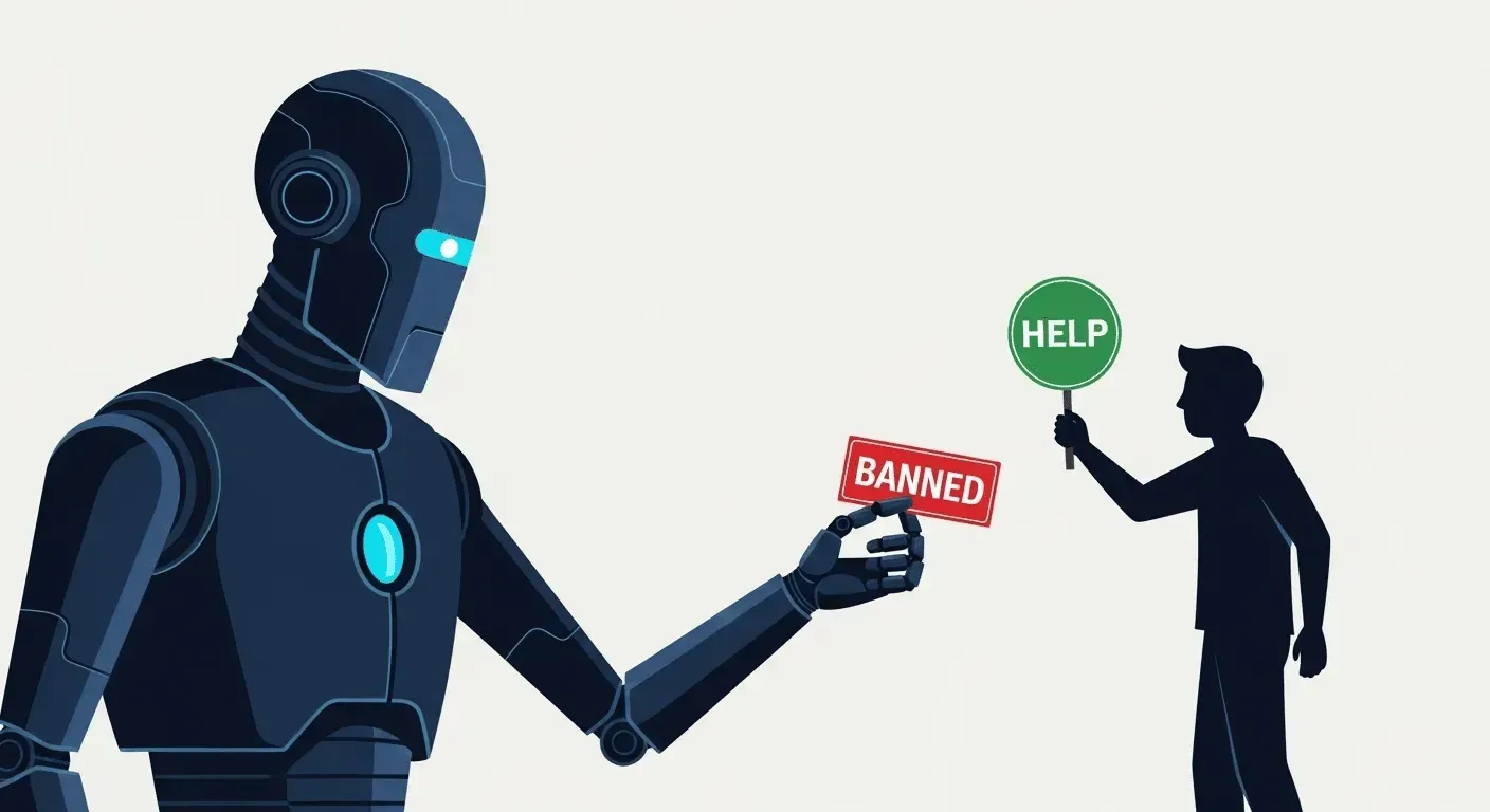 a robot representing meta's ai gives a 'banned' ticket to a person holding a 'help' sign, illustrating how automated systems punish helpful users.