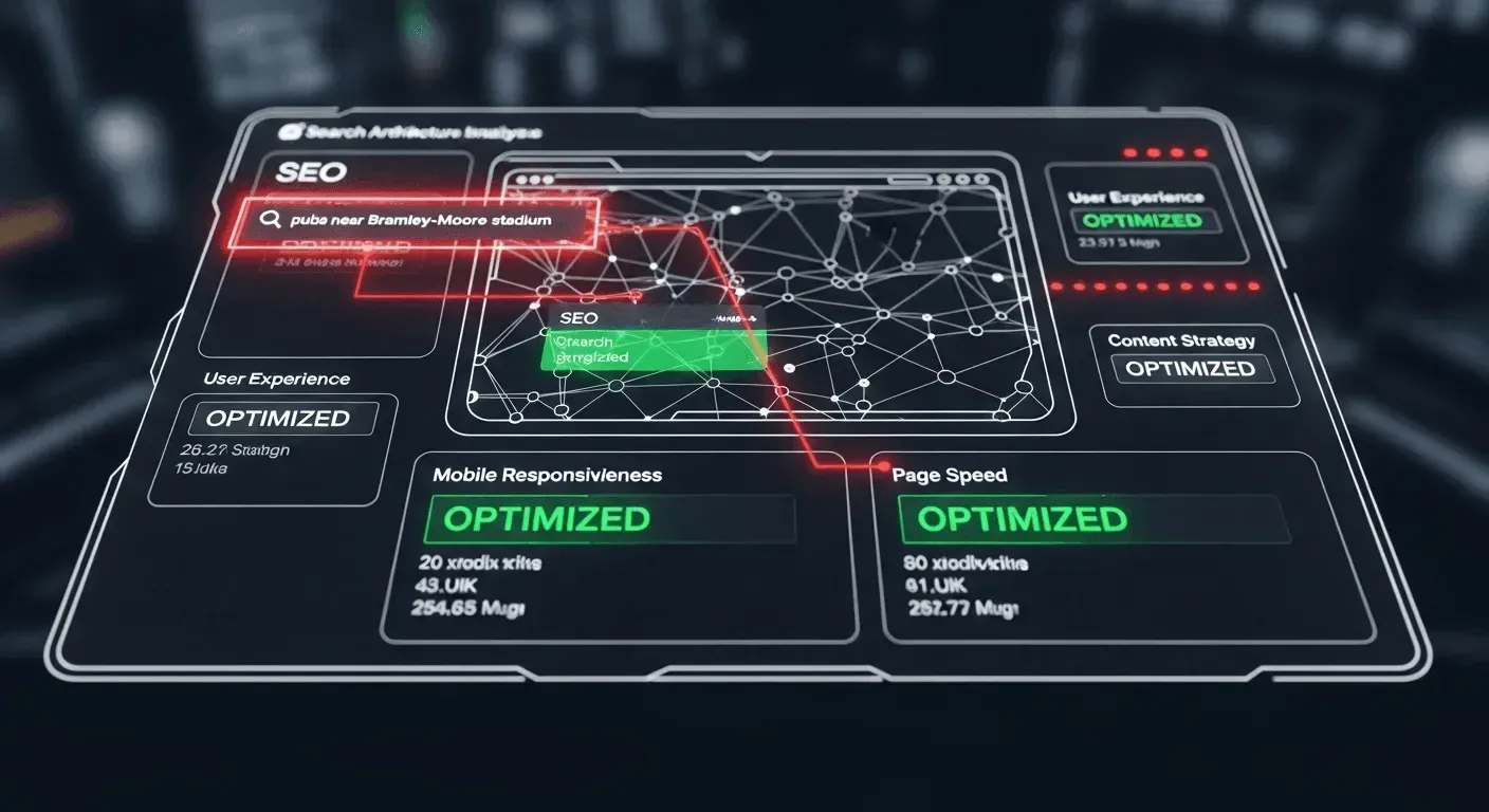 a futuristic heads-up display (hud) interface, showing a complex analysis of a website's architecture. the ui is a blend of glowing white text and vibrant red data points on a dark, semi-transparent screen. in the center, a structural blueprint of a website is being scanned, with specific modules like "mobile responsiveness" and "page speed" showing green 'optimized' readouts. a highlighted search query, "pubs near bramley-moore stadium," is shown being successfully targeted, with a glowing red line connecting it to the website's seo module. the image is clean, highly detailed, and conveys precision, strategy, and technical expertise. 