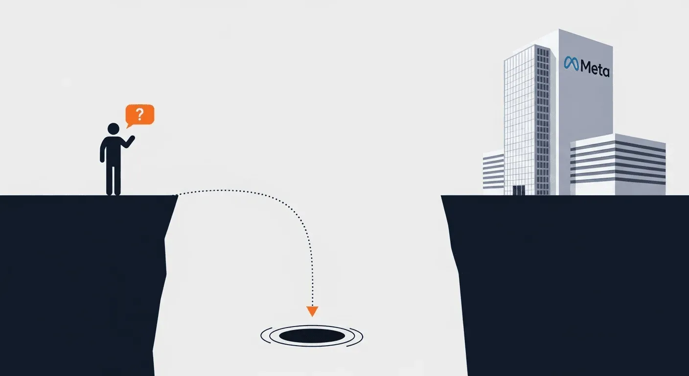 an illustration of a support request from a person falling into a black hole before it can reach meta's headquarters, symbolizing the lack of customer support.