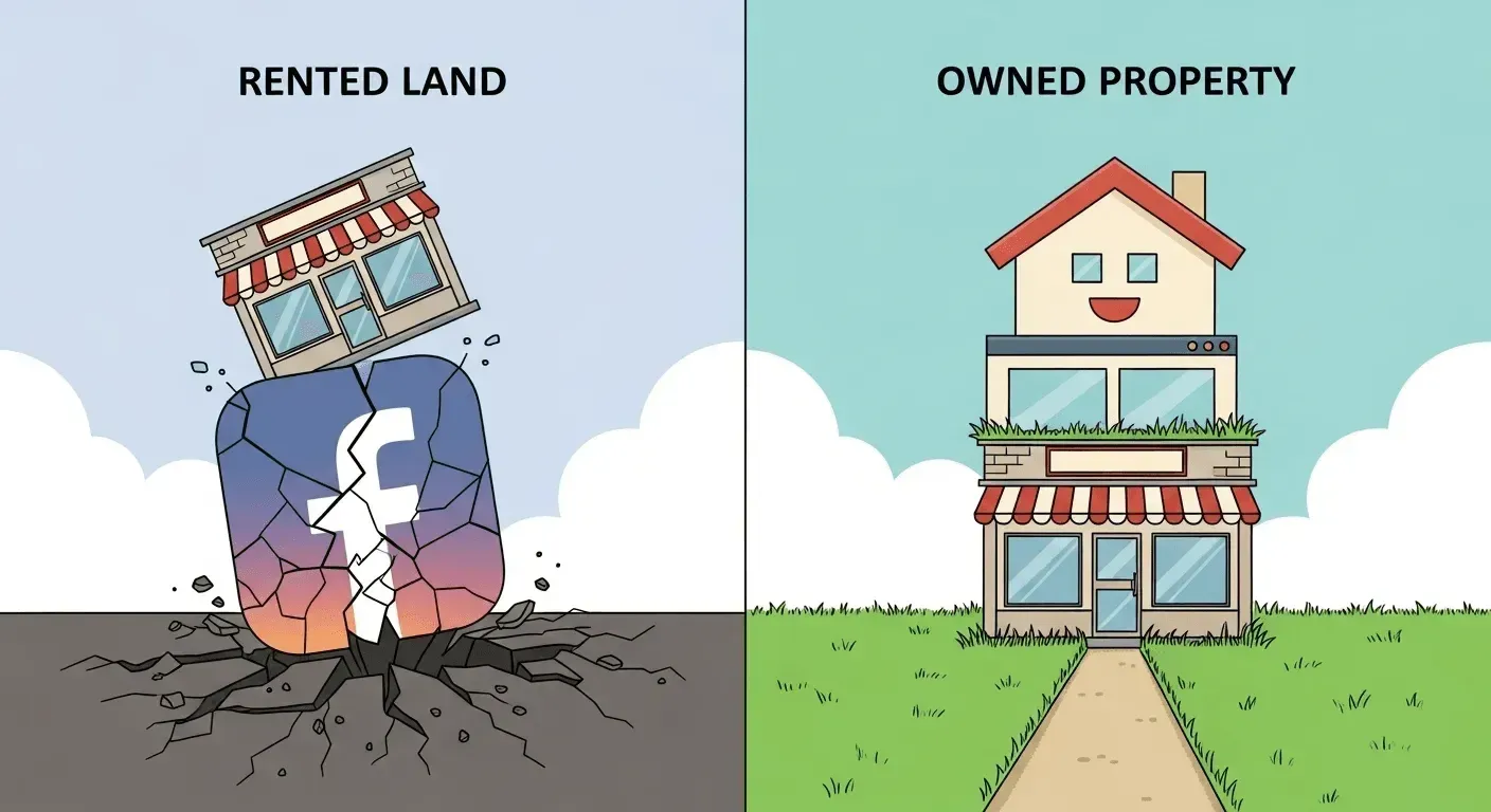 a comparative illustration showing a business on unstable 'rented land' versus one on solid 'owned property' of a website.