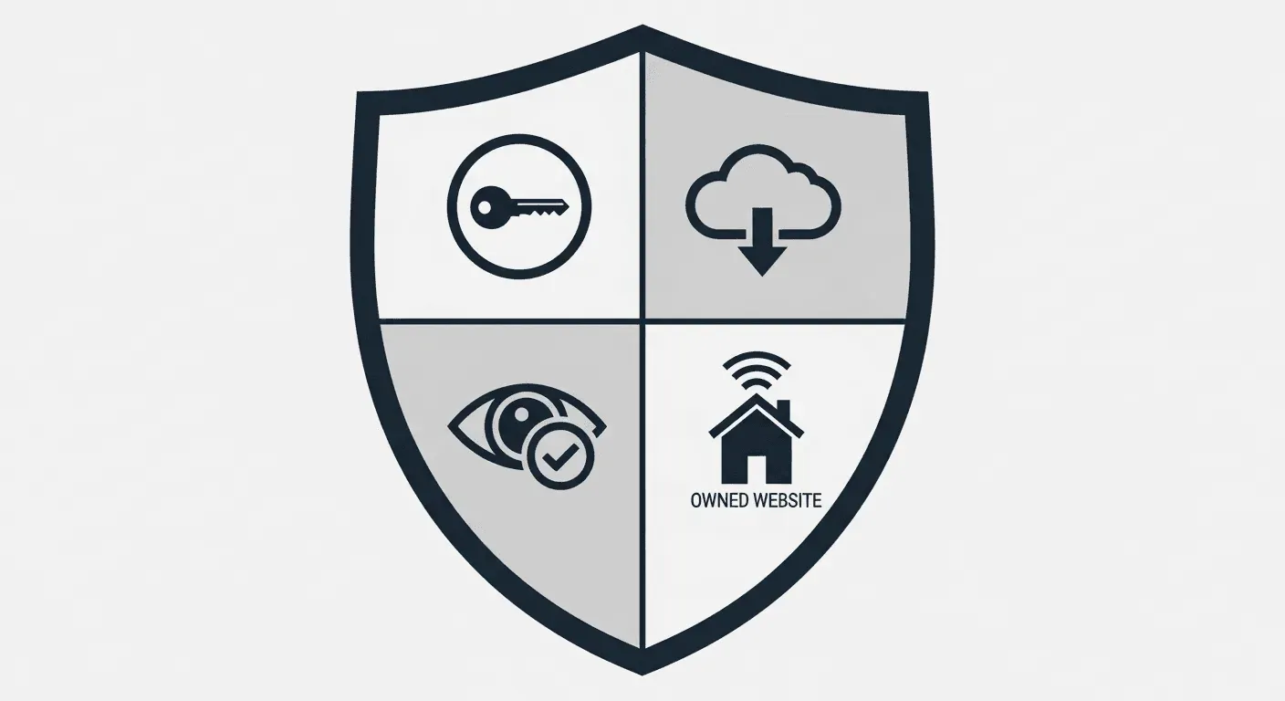 a shield icon with four symbols representing key digital security tips: a key, a download cloud, an eye, and a house with a wi-fi signal.