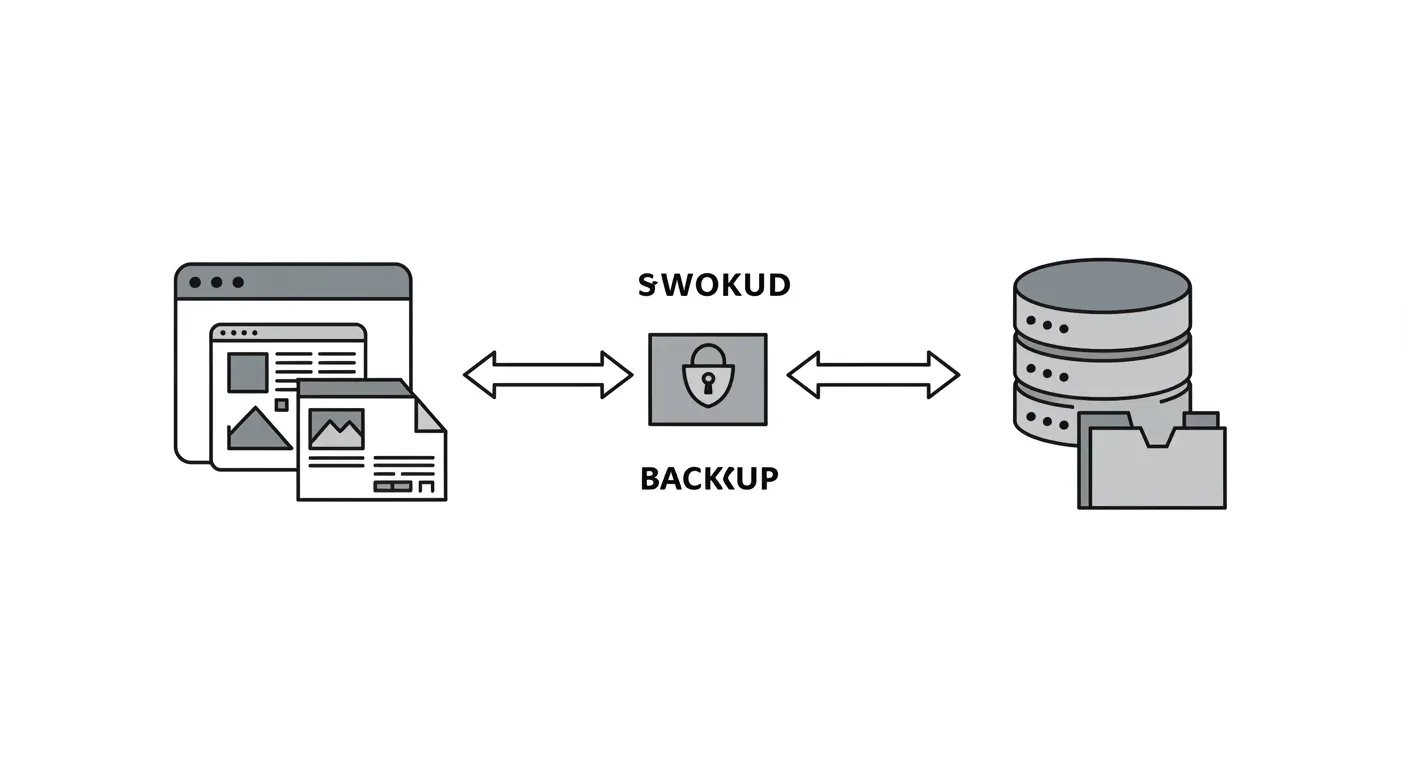 a simple, two-panel diagram. on the left, an icon representing website files (like a theme layout and image files). on the right, an icon representing a database (like a sleek, modern filing cabinet). an arrow points from each icon towards a central 'backup' icon, which looks like a secure digital box. style: minimalist line art, infographic style.