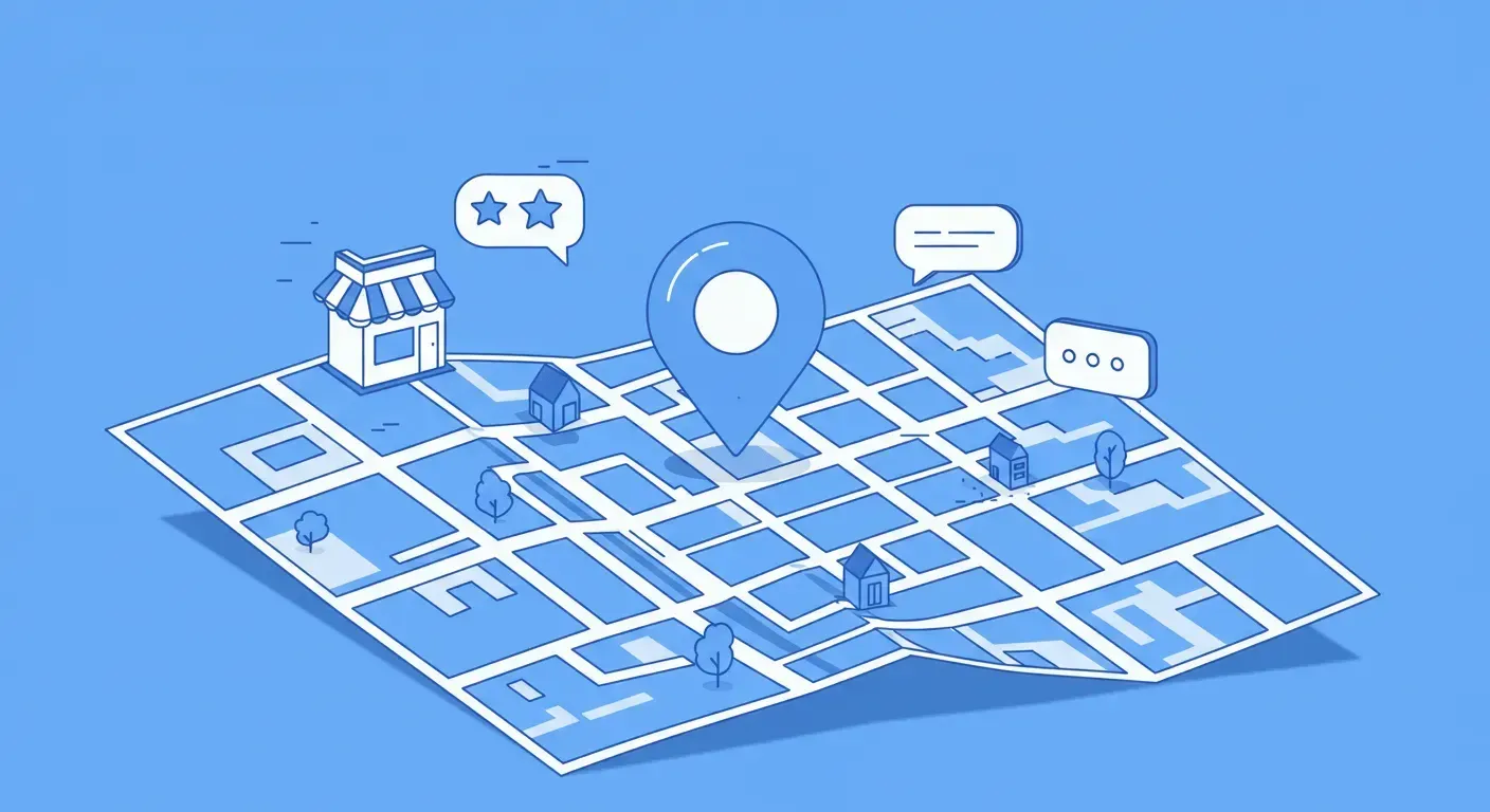 a stylized, minimalist map of a city district with a prominent location pin icon at the center. the map features simple, clean lines for streets and blocks. floating around the pin are smaller, related icons: a shopfront, a star for reviews, and a speech bubble. the entire illustration uses a strict blue and white color palette with crisp outlines, in a 16:9 aspect ratio.