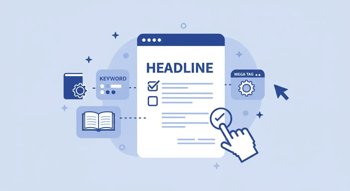 a stylized document or webpage is shown with a prominent headline. a checklist icon is next to it, with smaller icons representing a keyword, a readability score (an open book), and a meta tag. a cursor icon is actively editing the text. the artwork uses a clean, blue and white, tailwind-inspired aesthetic in a 16:9 aspect ratio.