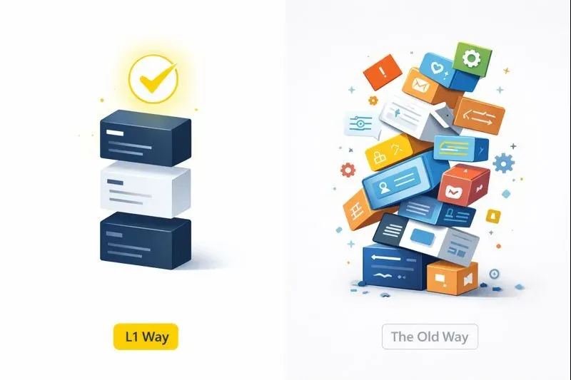 split-screen concept: left side shows a clean, lightweight website structure (few blocks, tidy); right side shows a messy overloaded plugin stack (lots of blocks/icons, clutter); modern isometric style, 