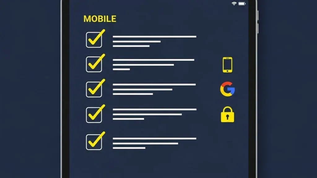 flat-lay style illustration of a checklist on a tablet: speed, mobile, seo, security, tracking, easy edits; clean icons, modern minimal design, white background, soft shadows, 4:3, no readable text (use icon-only check marks).