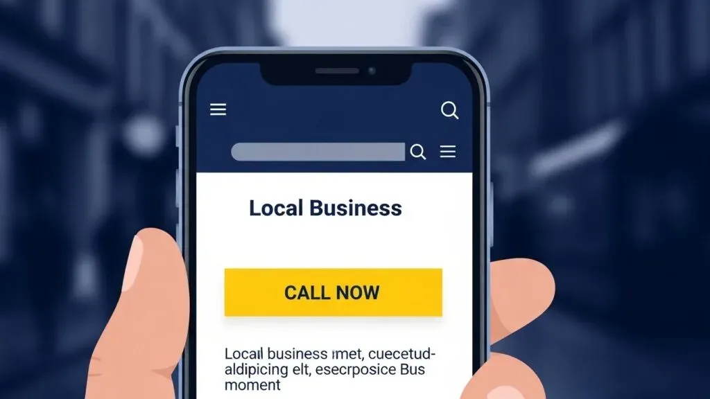 close-up of a smartphone showing a clean local service website with large call and enquiry buttons; modern ui, white space, professional look, hand holding phone, soft daylight, 9:16 vertical, no readable text.