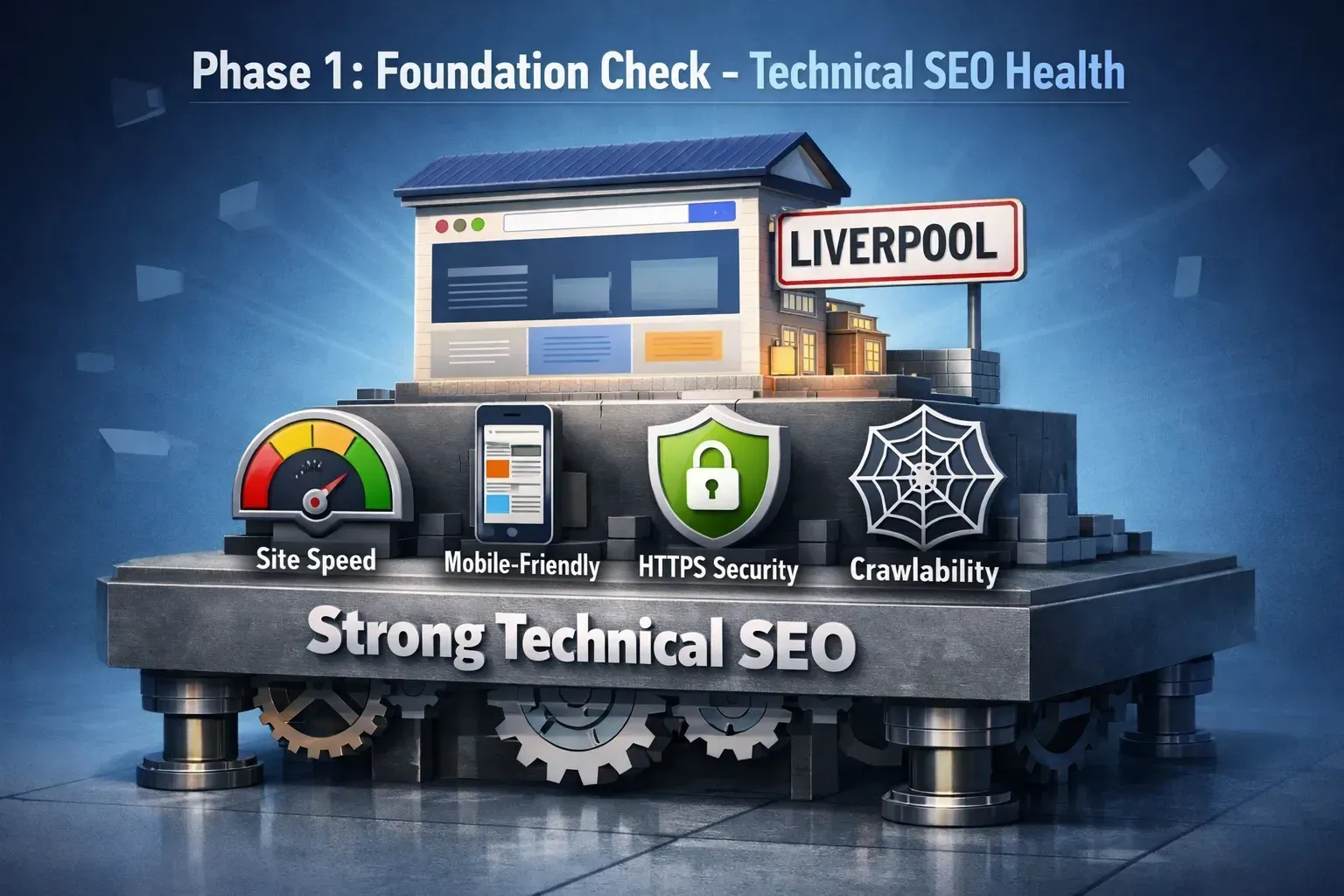 3d illustration showing website foundations as a sturdy platform labeled "strong technical seo" supporting a building with liverpool street sign. platform displays four seo icons: speedometer (site speed), mobile phone (mobile-friendly), shield (https security), and spider web (crawlability). text overlay: "phase 1: foundation check – technical seo health".
