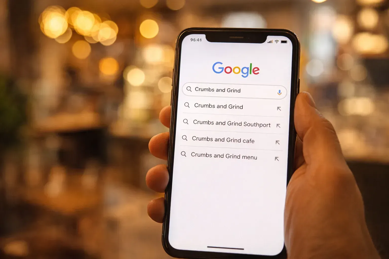 a smartphone showing google search suggestions for "crumbs and grind southport" , live proof of branded search volume building before they opened their permanent cafã©