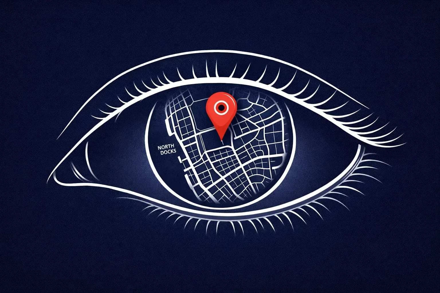 a stylised eye reflecting a map of liverpool's north docks with a red location pin , spotting the next big opportunity