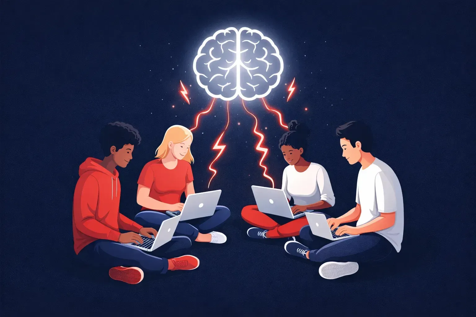 four young people sitting together with laptops, connected by glowing lightning bolts to a brain above , representing digital skills and learning