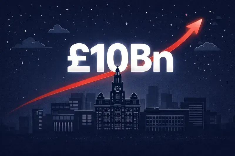 the liverpool skyline with a â£10 billion growth arrow rising above the liver building