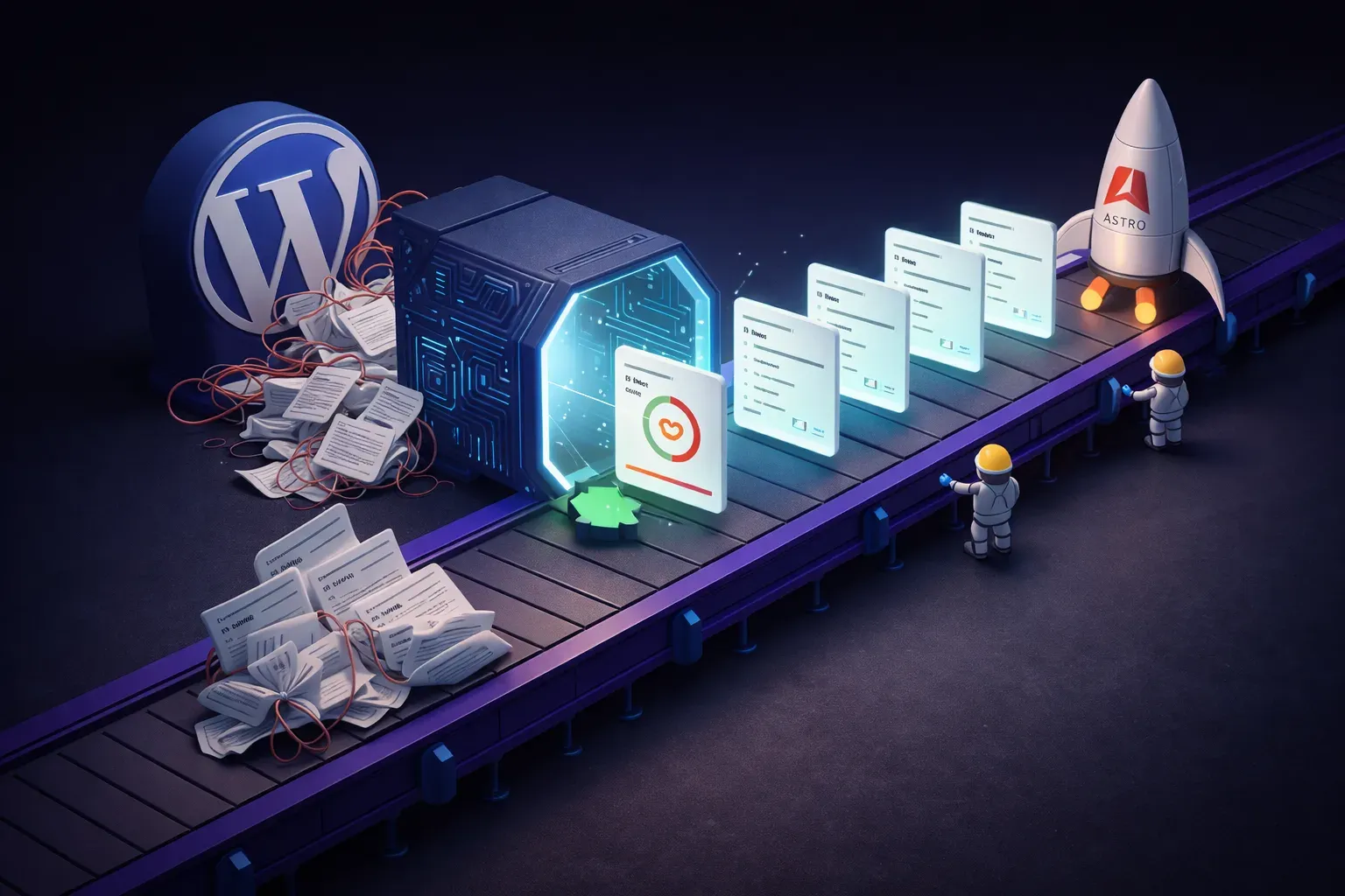 isometric illustration of the wordpress to astro migration process , files moving along a conveyor belt through a transformation portal