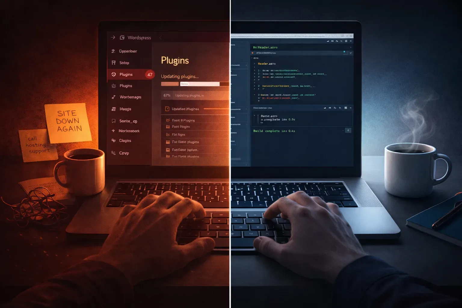 split-screen showing a cluttered wordpress plugins dashboard on the left versus a clean astro code editor on the right
