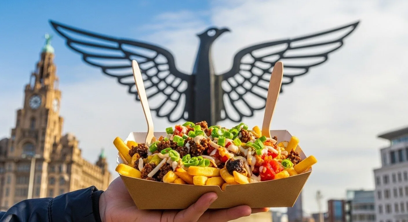 A vibrant photo of someone holding up a takeaway box of delicious-looking loaded fries. The background is unmistakably Liverpool—perhaps the iconic "For All Liverpool's Liver Birds" street art (the wings) is perfectly framing the food. The photo connects a great product with a beloved local landmark, making it instantly relatable and shareable for a Scouse audience.