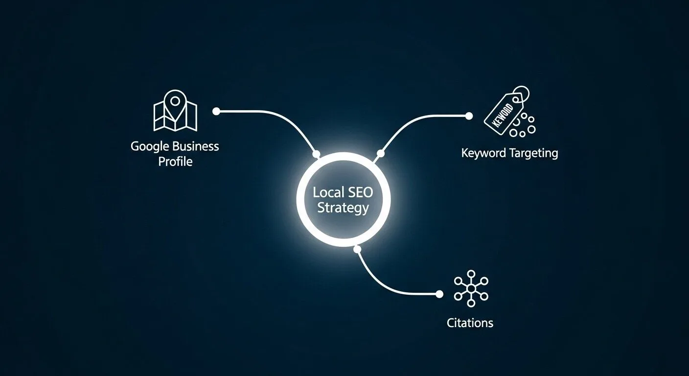 A strategic flowchart infographic in a clean UI design style. In the centre of a dark blue canvas, a glowing white node is labelled "Local SEO Strategy". Three distinct, clean white pathways branch out to three minimalist icons: a map pin icon (representing Google Business Profile), a keyword tag icon (representing Keyword Targeting), and a network/link icon (representing Citations). The entire image looks like a strategic plan on a digital dashboard, using only dark blue and crisp white. Style: Tailwind CSS, vector, minimalist.