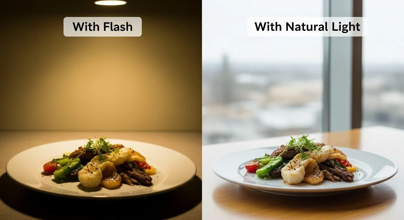 Image Prompt 2: Natural Lighting Prompt: A side-by-side comparison photo. The left image shows a plate of food under dim, yellow, artificial light, looking unappetizing and flat. The right image shows the exact same plate of food placed on a table next to a large window, bathed in soft, natural daylight. The colours are rich, the details are sharp, and the food looks delicious. Use text overlays: "With Flash and "With Natural Light