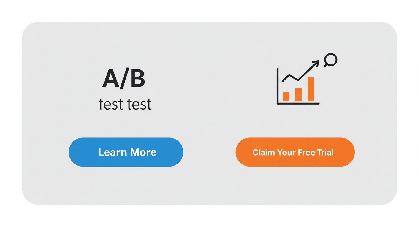 A flat design vector illustration depicting an A/B test for a call to action. On the left, a blue button says "Learn More." On the right, a contrasting orange button says "Claim Your Free Trial." A small, simple graph icon above the orange button shows a rising trend, indicating better performance. The entire image is on a clean, light grey background with plenty of whitespace. --ar 3:2