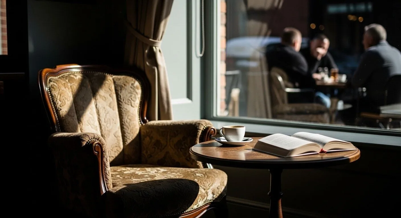  A beautifully composed photograph focusing on a specific, atmospheric corner of a fictional Liverpool café. A vintage armchair sits next to a small table with a single coffee cup and an open book. Sunlight streams in from a window, creating interesting shadows. In the background, the rest of the café is softly blurred. The photo should feel warm, inviting, and peaceful.