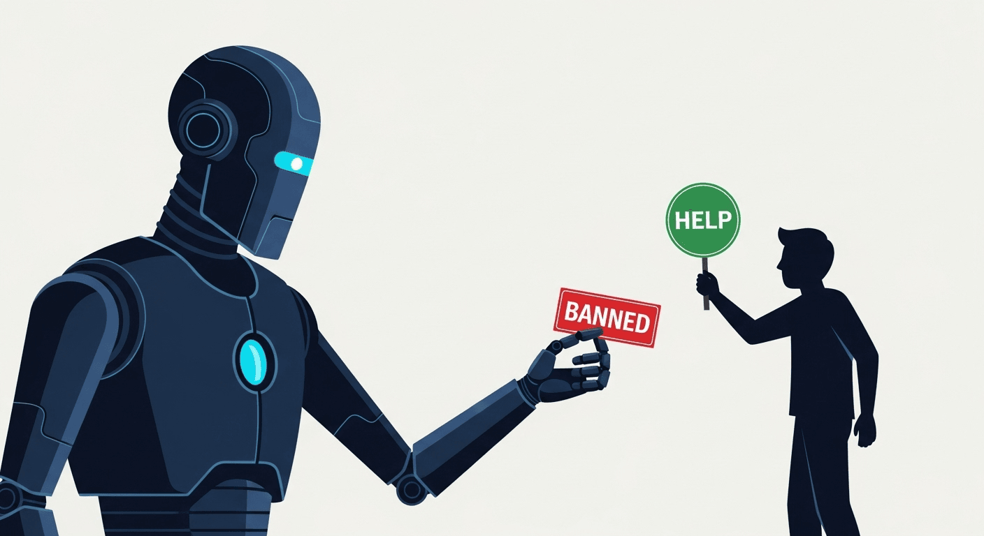 A robot representing Meta's AI gives a 'BANNED' ticket to a person holding a 'HELP' sign, illustrating how automated systems punish helpful users.