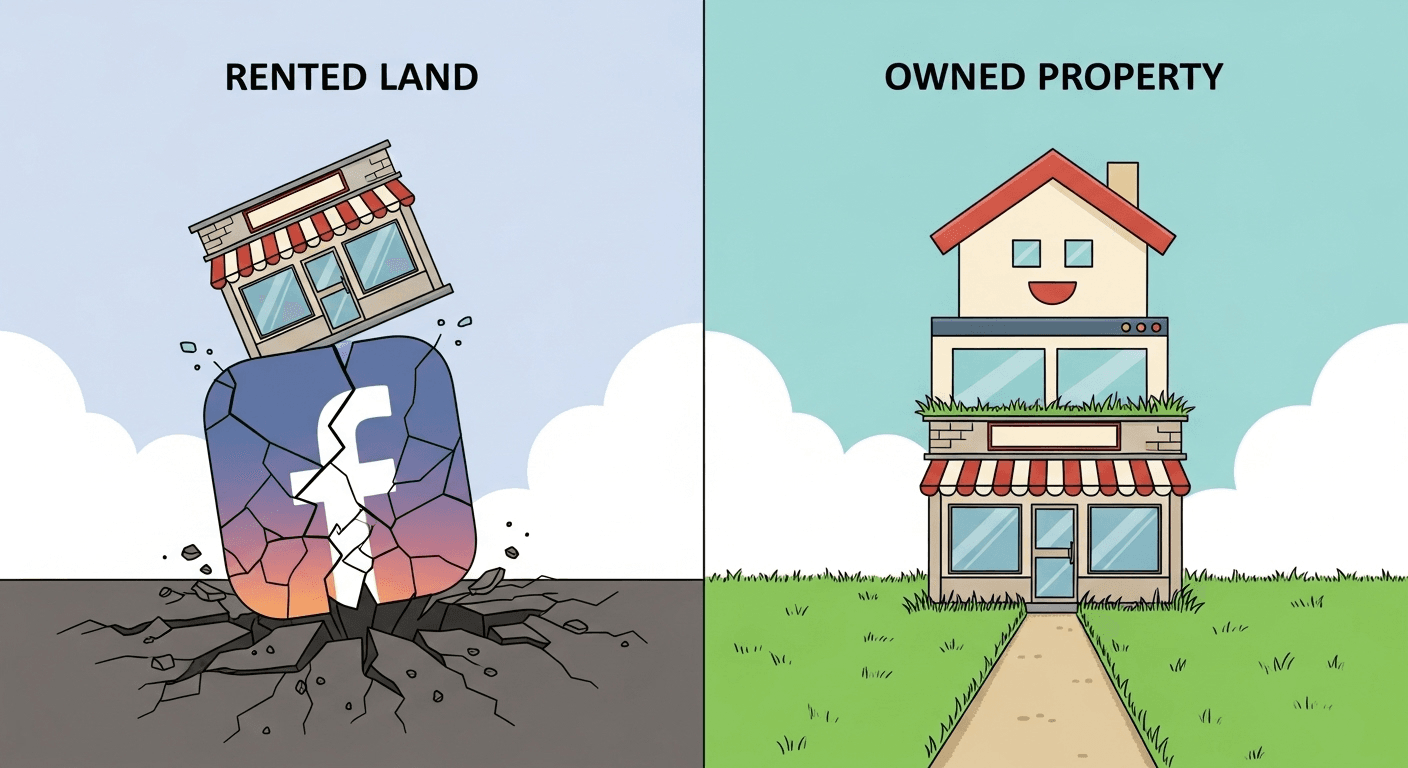 A comparative illustration showing a business on unstable 'rented land' versus one on solid 'owned property' of a website.