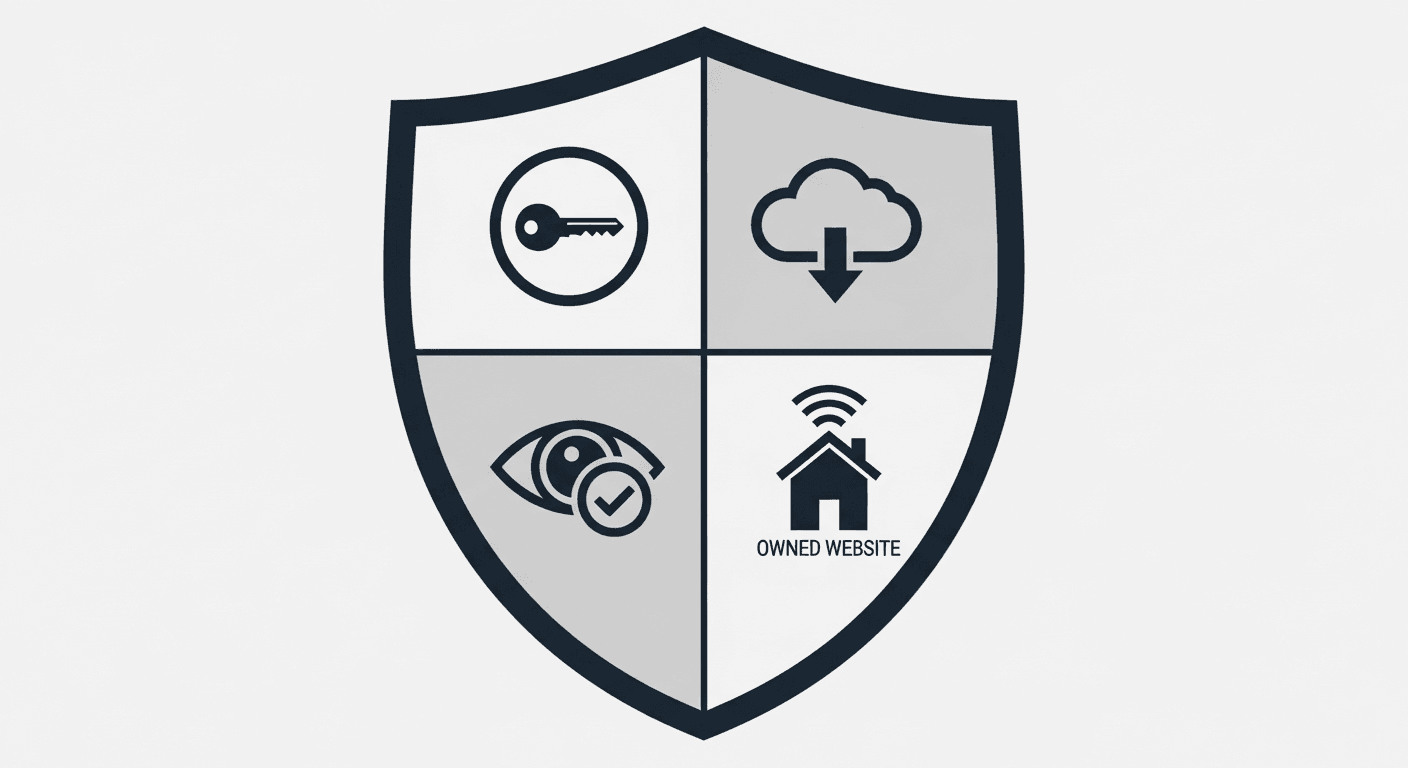 A shield icon with four symbols representing key digital security tips: a key, a download cloud, an eye, and a house with a Wi-Fi signal.