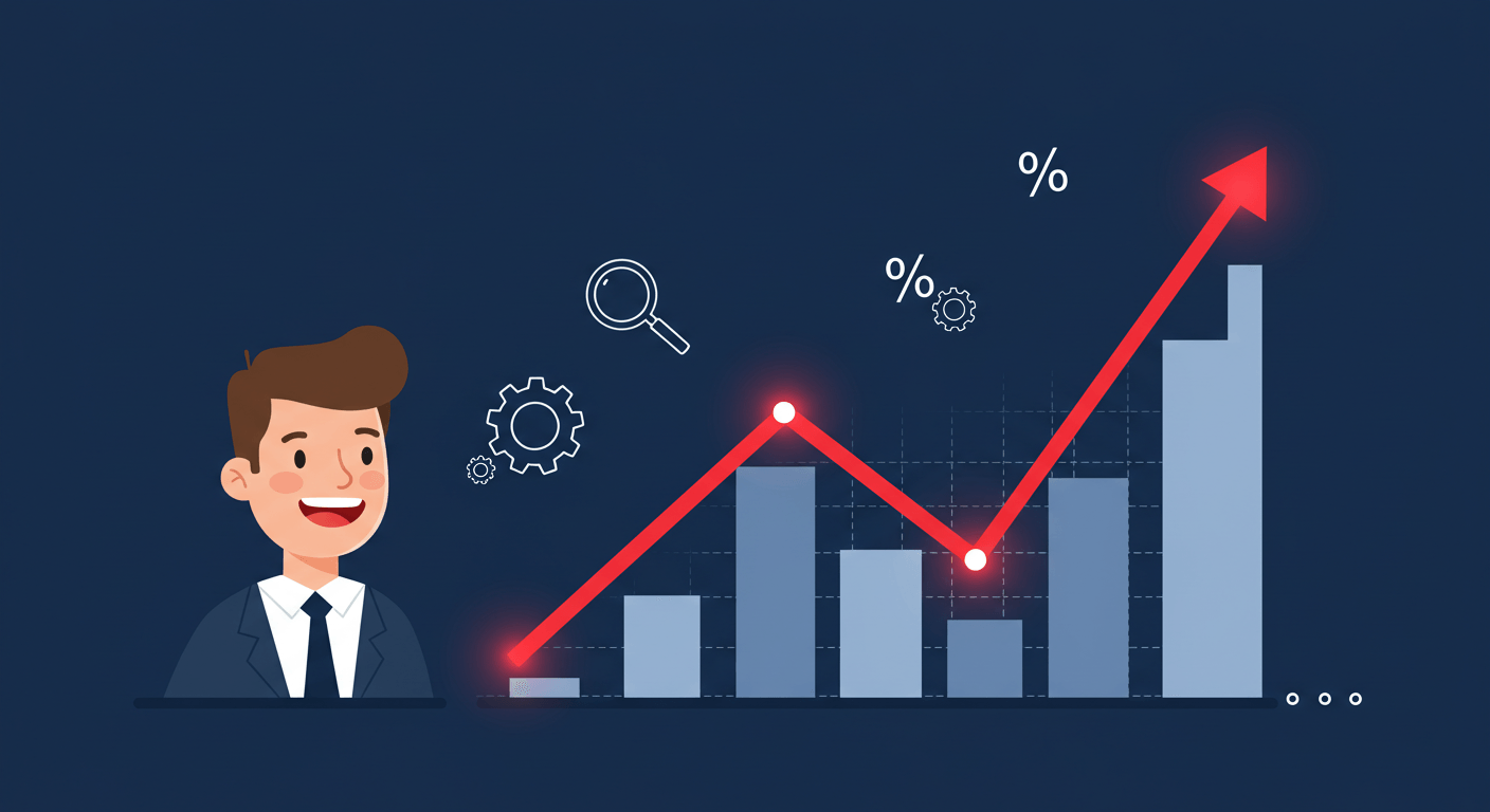 A cheerful, modern-style web illustration. The main subject is a business owner, a person with a friendly face, positioned on the left side of the frame. They are smiling broadly and looking at a large, dynamic line graph that dominates the right side. The graph's line is a vibrant red, starting at the bottom and accelerating steeply upward. Subtle white accents, like small glowing dots along the line and a faint grid, are present. The background is a deep, professional dark blue. Floating around the graph are simple, white line-art icons representing key web concepts: a small gear, a magnifying glass, and a percentage symbol. The overall aesthetic is clean, optimistic, and trustworthy.