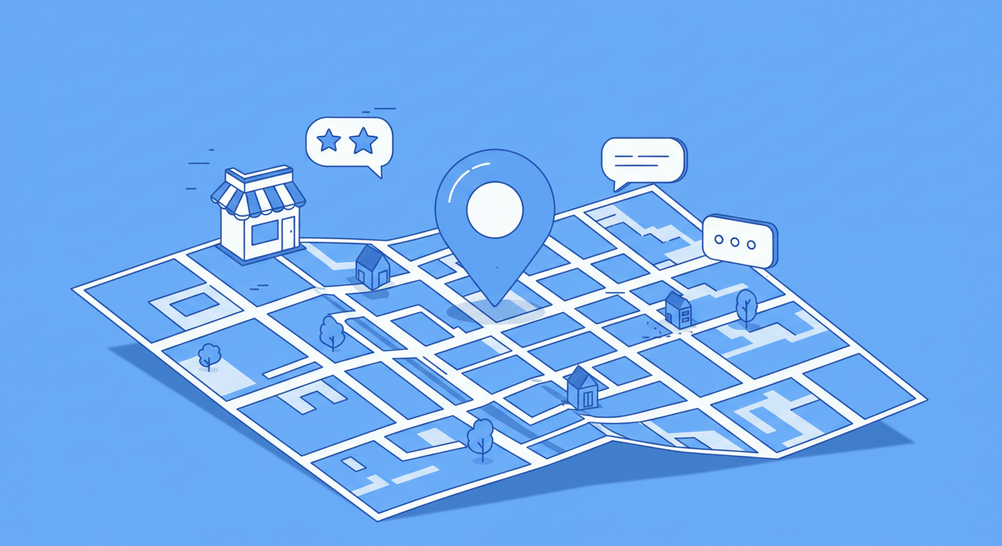 A stylized, minimalist map of a city district with a prominent location pin icon at the center. The map features simple, clean lines for streets and blocks. Floating around the pin are smaller, related icons: a shopfront, a star for reviews, and a speech bubble. The entire illustration uses a strict blue and white color palette with crisp outlines, in a 16:9 aspect ratio.