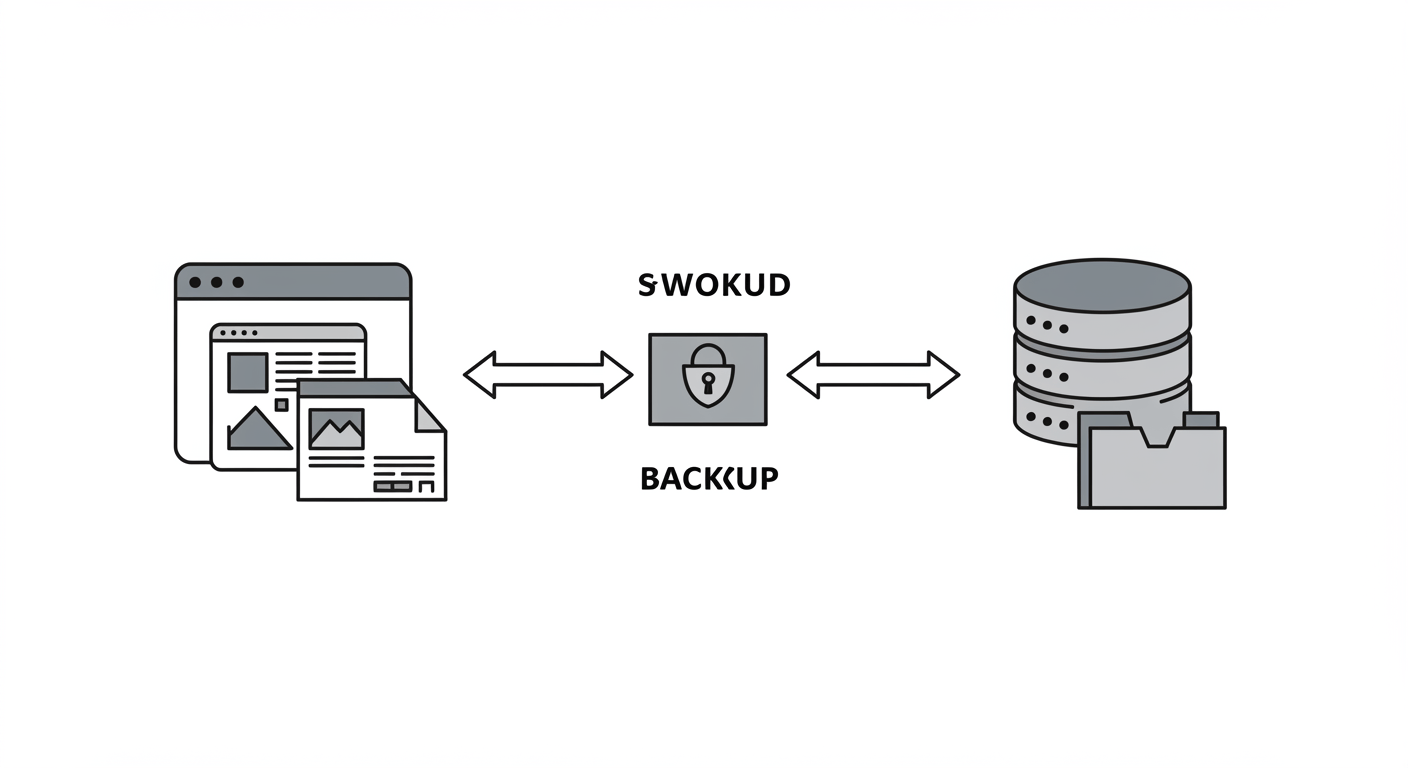 A simple, two-panel diagram. On the left, an icon representing website files (like a theme layout and image files). On the right, an icon representing a database (like a sleek, modern filing cabinet). An arrow points from each icon towards a central 'backup' icon, which looks like a secure digital box. Style: Minimalist line art, infographic style.