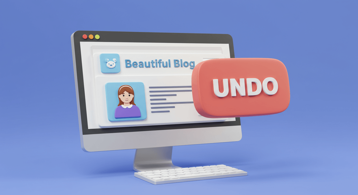 A friendly, cartoon-style graphic of a computer screen showing a beautiful blog. A large, reassuring 'UNDO' button is floating prominently in front of the screen. The scene is bright and optimistic. Style: 3D icon, friendly and approachable.