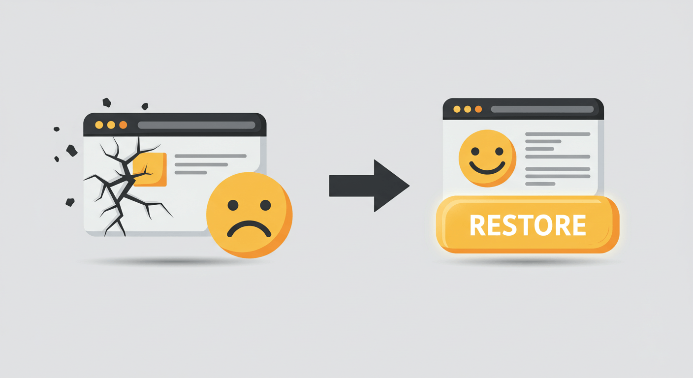 A stylized icon of a broken website (cracked screen effect or a sad face icon). Next to it is a large, glowing 'RESTORE' button with a circular 'rewind' arrow around it. An arrow points from the button to an icon of a happy, perfectly restored website. Style: Flat design, before-and-after concept.