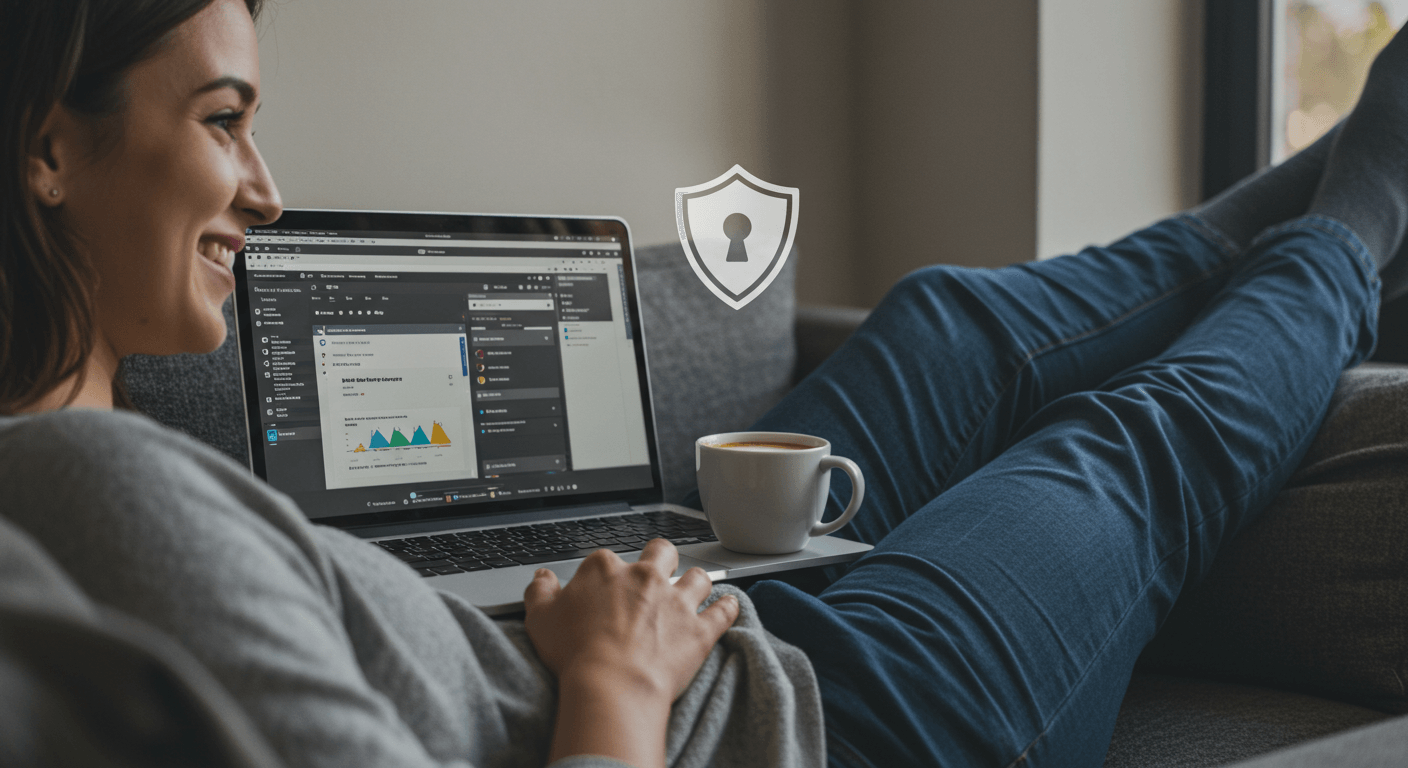  "A photo  of a person smiling and relaxing with a cup of coffee while working on a laptop that shows a WordPress dashboard. A subtle, transparent 'shield' icon is visible in the corner of the laptop screen, indicating their site is protected. The mood is calm and confident.