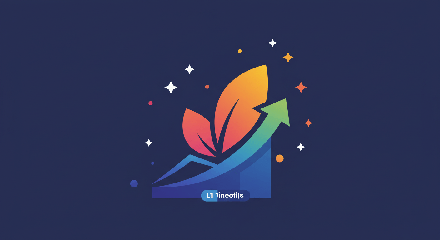 A powerful, uplifting graphic that embodies growth and achievement. A bold, upward-sweeping line or arrow, evolving into a vibrant, leaf-like or wing-like shape, rises from a subtle Facebook logo element. The colours shift from a foundational L1WebTips blue/green at the base to brighter, more energetic hues at the peak. Surrounding it are subtle, positive indicators like minimalist starbursts or gentle light rays, conveying success, forward momentum, and the blossoming of a small business. The overall impression is one of aspirational triumph and tangible progress.