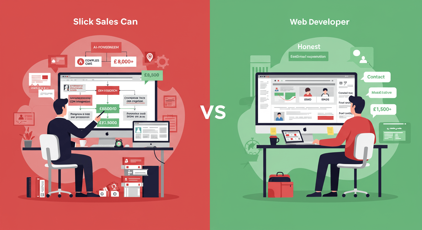 Comparison infographic showing expensive agency upsells vs actual needs for Liverpool small businesses
