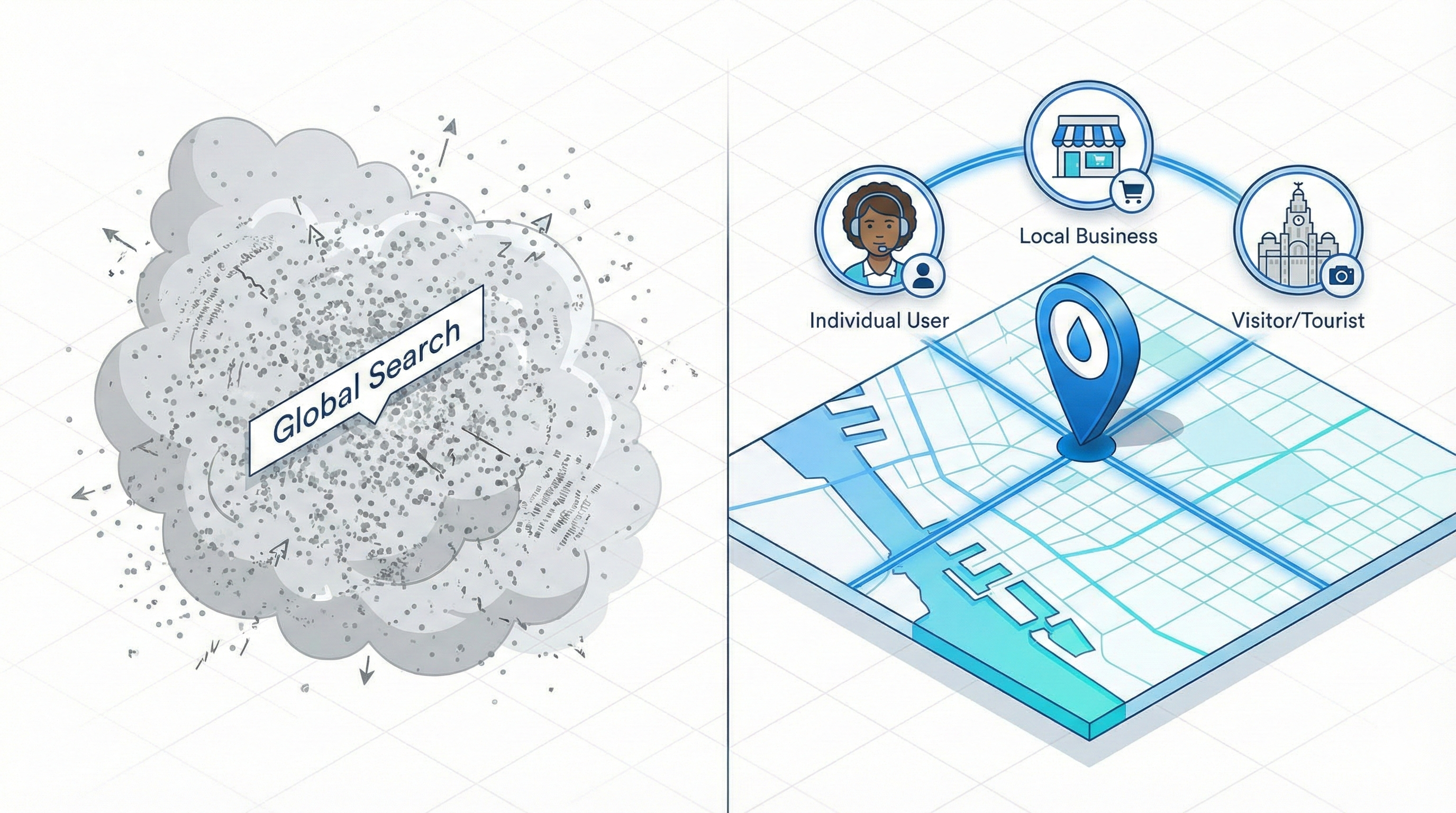 Isometric illustration contrasting global search volume with local, high-intent focus