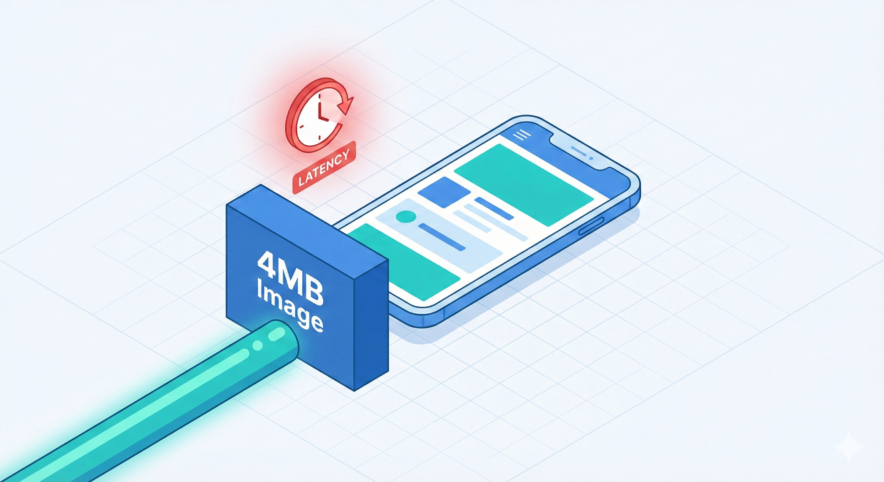 Isometric illustration of a mobile phone being weighed down by a large file, representing slow load times