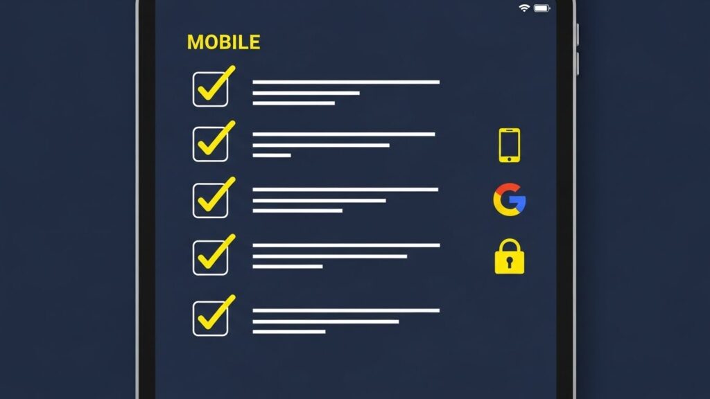 Flat-lay style illustration of a checklist on a tablet: speed, mobile, SEO, security, tracking, easy edits; clean icons, modern minimal design, white background, soft shadows, 4:3, no readable text (use icon-only check marks).