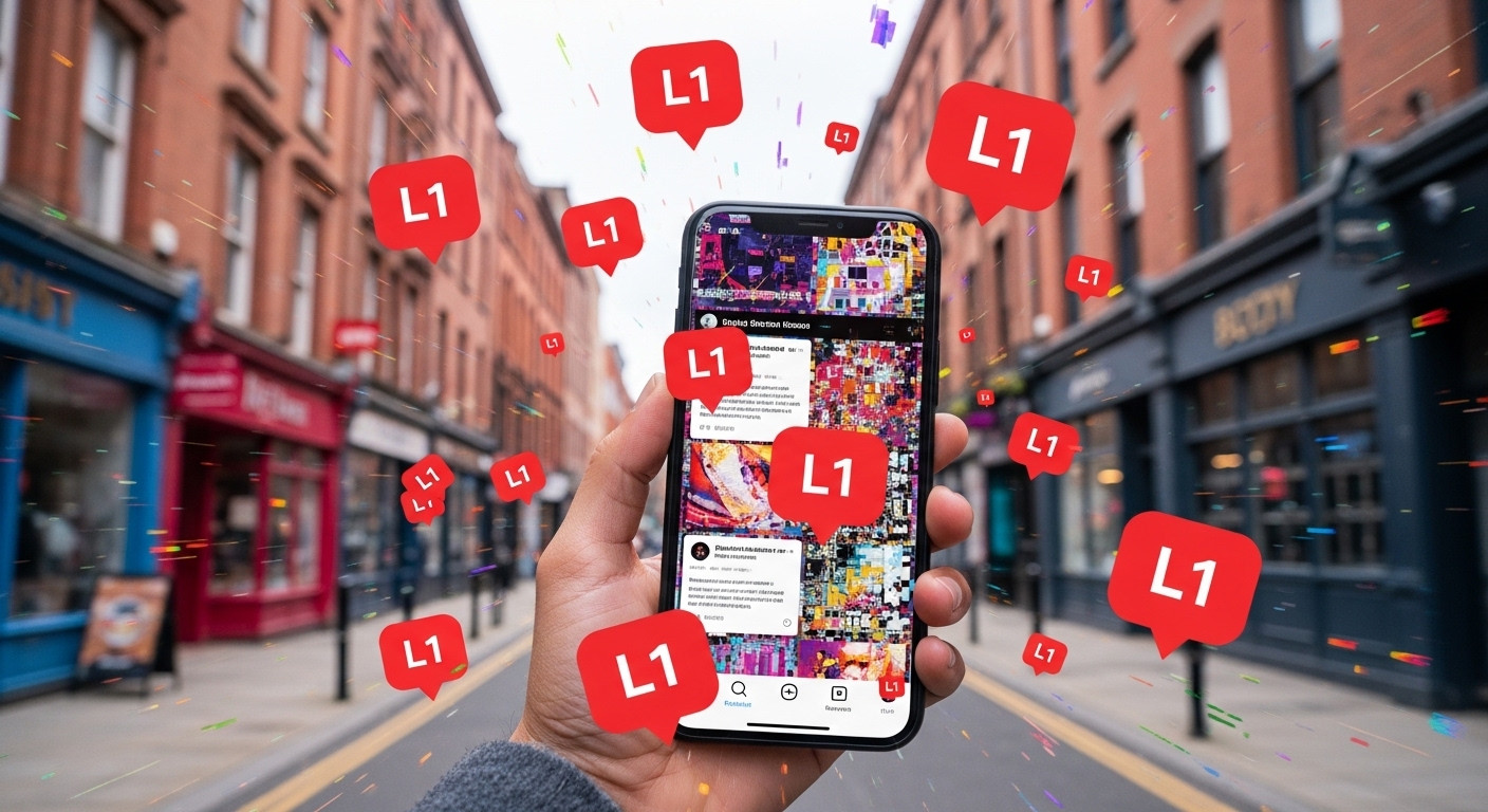 Hand holding a smartphone on Bold Street Liverpool representing digital noise and social media notifications